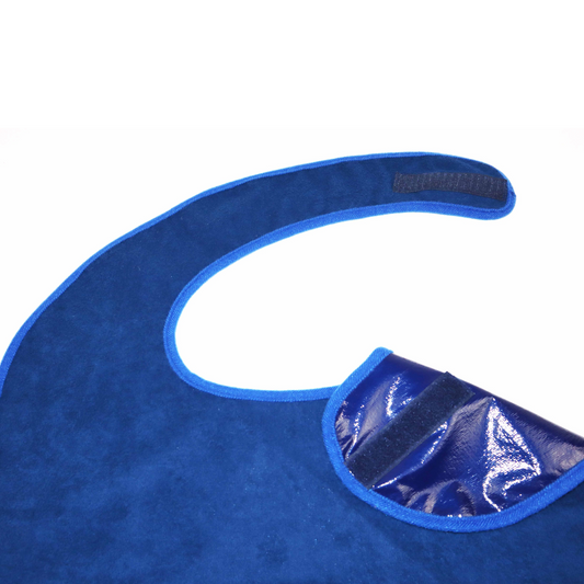 Blue adult bib with Velcro closure for easy one-hand use